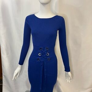 VENUS Blue Lace-Up Ribbed Dress